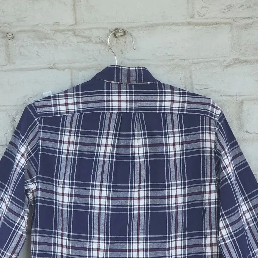 J.CREW Plaid Flannel Long Sleeve Button Down Shirt Navy Burgundy Size XS